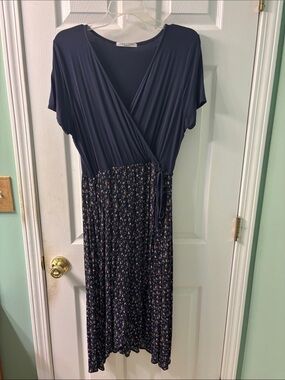 Chris & Carol Navy Wrap Midi Dress with Floral Skirt